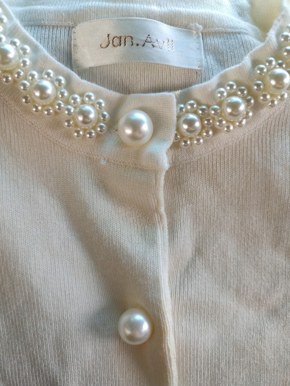 🎀🌹🎀 Dazzling Elaborate Faux Pearl Chantilly Cream Ivory Sweater Cardigan - M - Picture 7 of 16